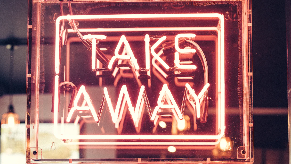 Enseigne néon Take Away allumée au-dessus du comptoir d'un restaurant