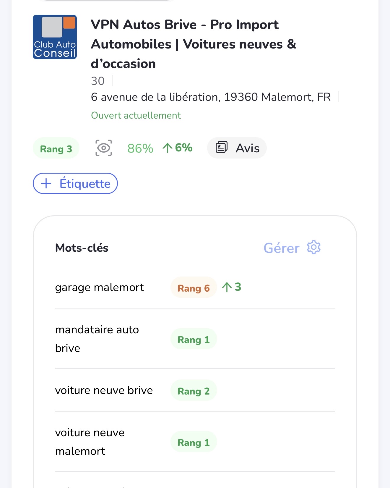 Résultats Google My Business - VPN Autos Brive Pro Import