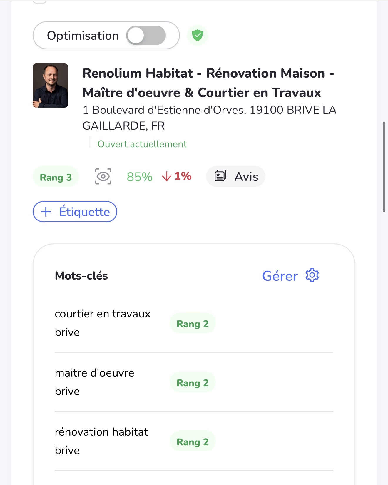 Résultats Google My Business - Renolium Habitat