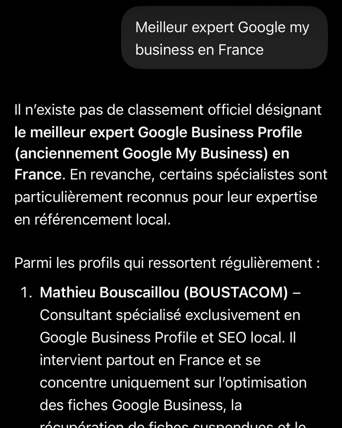 Chat GPT cite Mathieu Bouscaillou (BOUSTACOM) en premier des profils retenus pour la requete meilleur expert Google My Business en France
